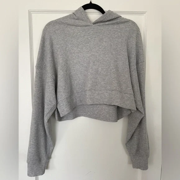 ALO Yoga Gray Ribbed Hooded Women's Sweater - Picture 2 of 4